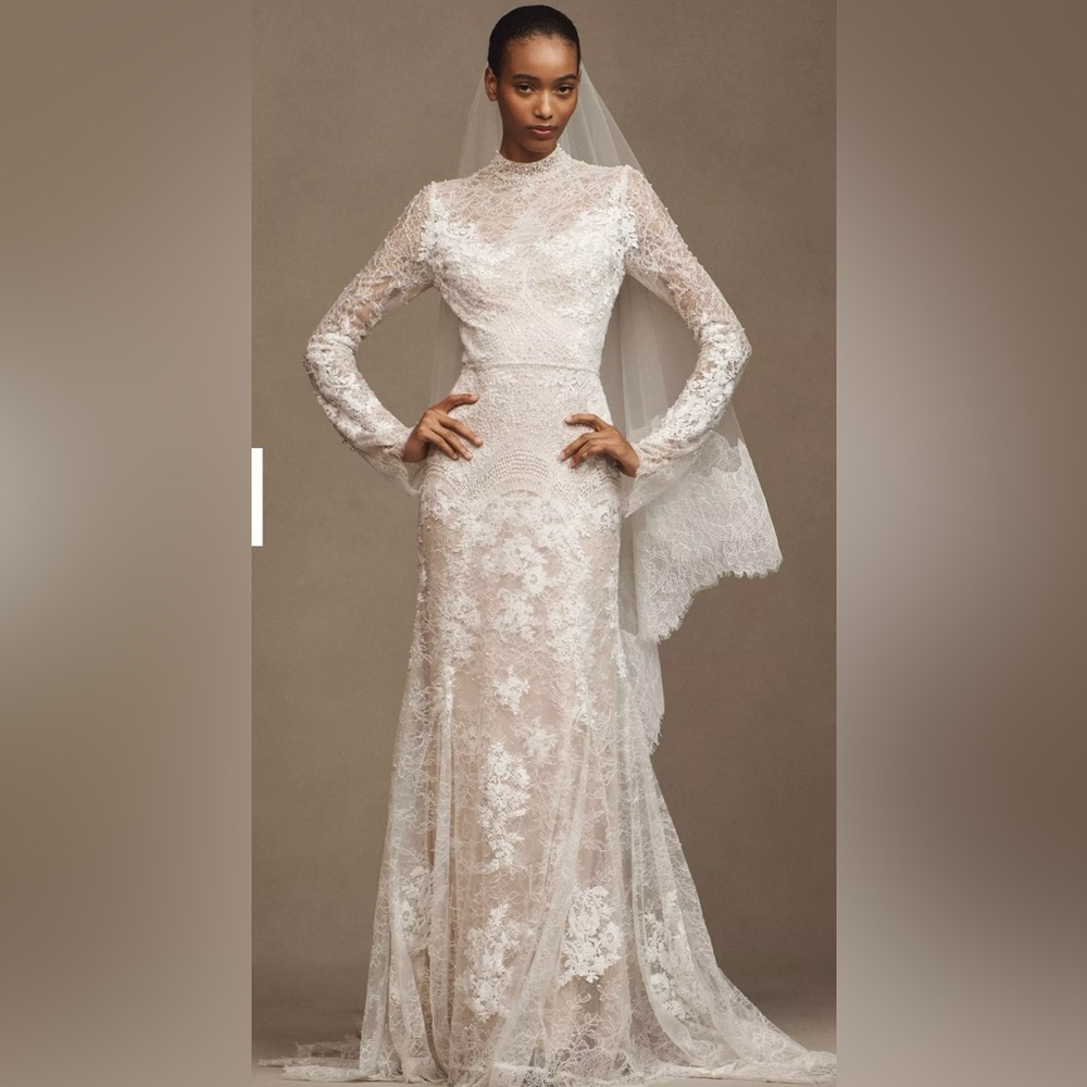 Watters White Lace High-Neck Long-Sleeve Wedding Gown